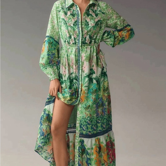 Anthropologie Long-Sleeve Printed Maxi Shirt Dress Jungle Print - Picture 3 of 14